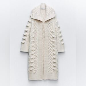 Zara Chunky Ivory Cable Braided Knit Maxi Long Cardigan Coat with Open Lapel OS